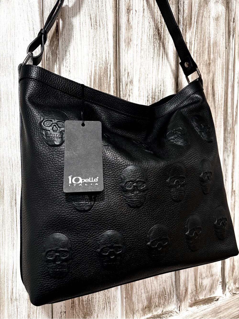IO PELLE Italia Black Leather Embossed Skull Shoulder Bag Hobo NWT